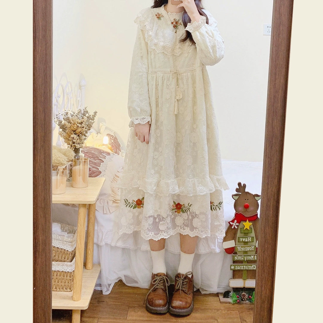 Mori Kei Dress Embroidered Lace Long Sleeve Apricot Dress 39438:640604