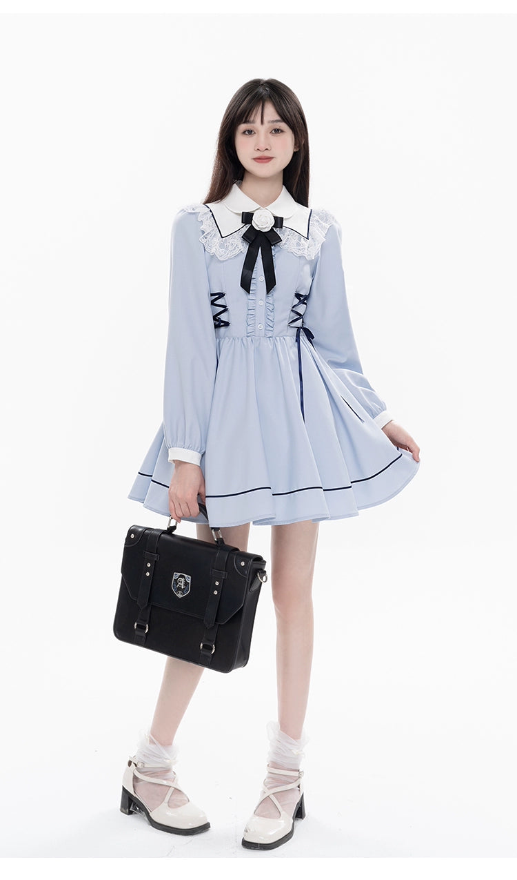 Kawaii French Style Light Blue Long Sleeve Ribbon Dress 21990:325072 21990:325072