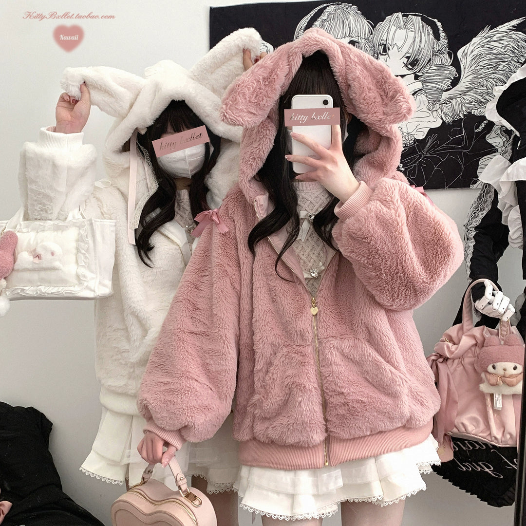 Jirai Kei Winter Coat Bunny Ear Hooded Coat Plush Jacket 40402:666872