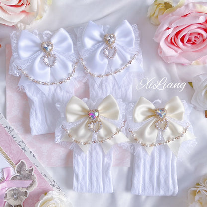 Jirai Kei Handmade Bow Pearl Heart Lolita Lace Socks 28904:326742