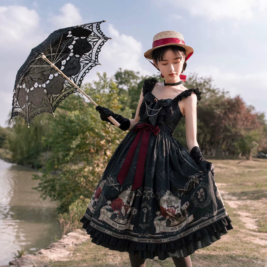 Gothic Lolita Dress With Birdcage Print Black Lolita Dress 35534:495490 35534:495490