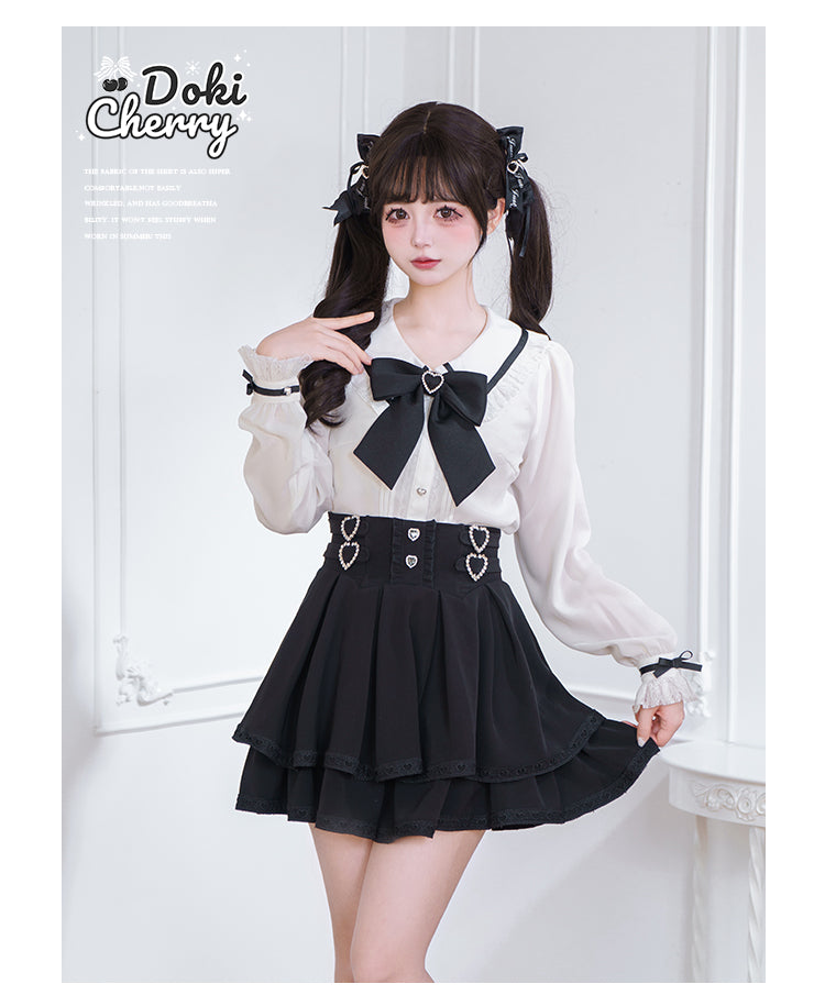 Jirai Kei Outfit A-Line Skirt and Long-Sleeved Blouse with Rhinestone Bow (L M S XL) 42520:744264