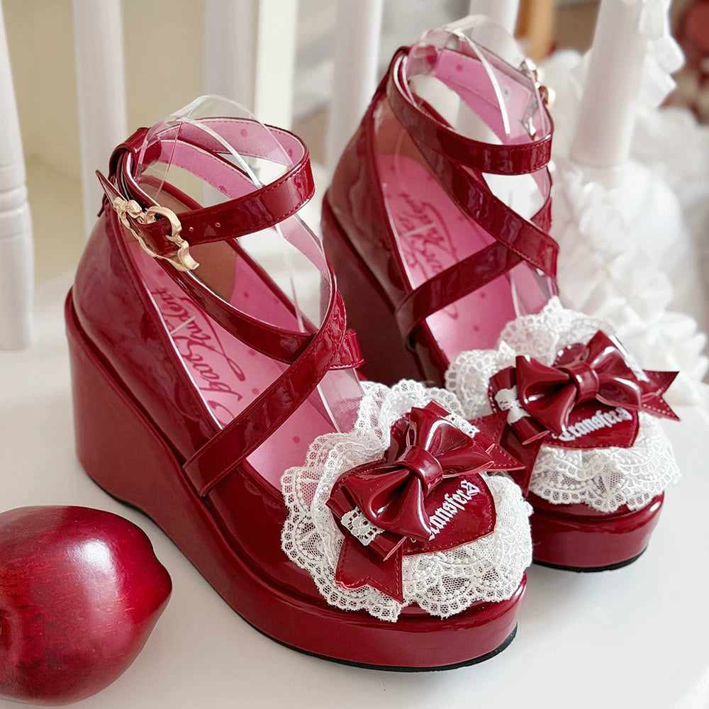 Sweet Lolita Wedge Shoes, Heart & Bow Details (35 36 37 38 39 40) 45951:872555