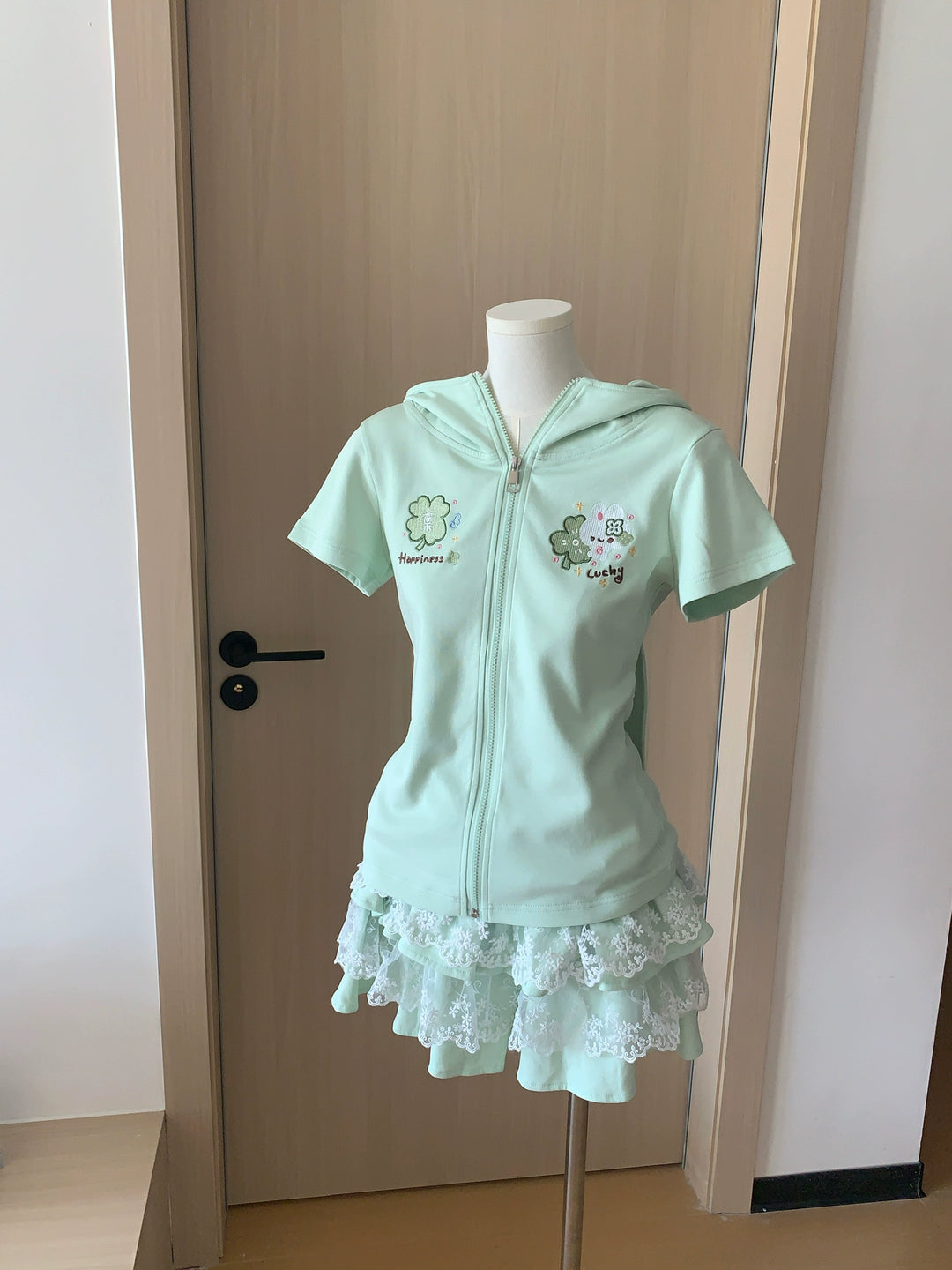 Bunny Eared Kawaii Outfit, Zip-Up Sweatshirt + Lace Skirt 43558:779749