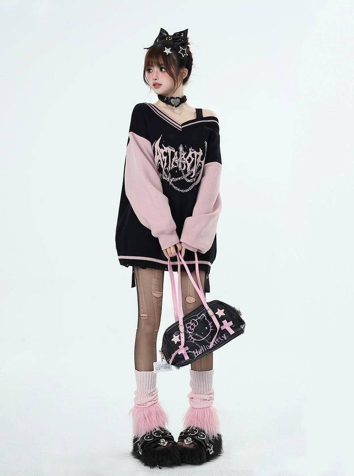 Y2K Sweater Gyaru V-neck Black-Pink Sweater For Winter 41790:713702