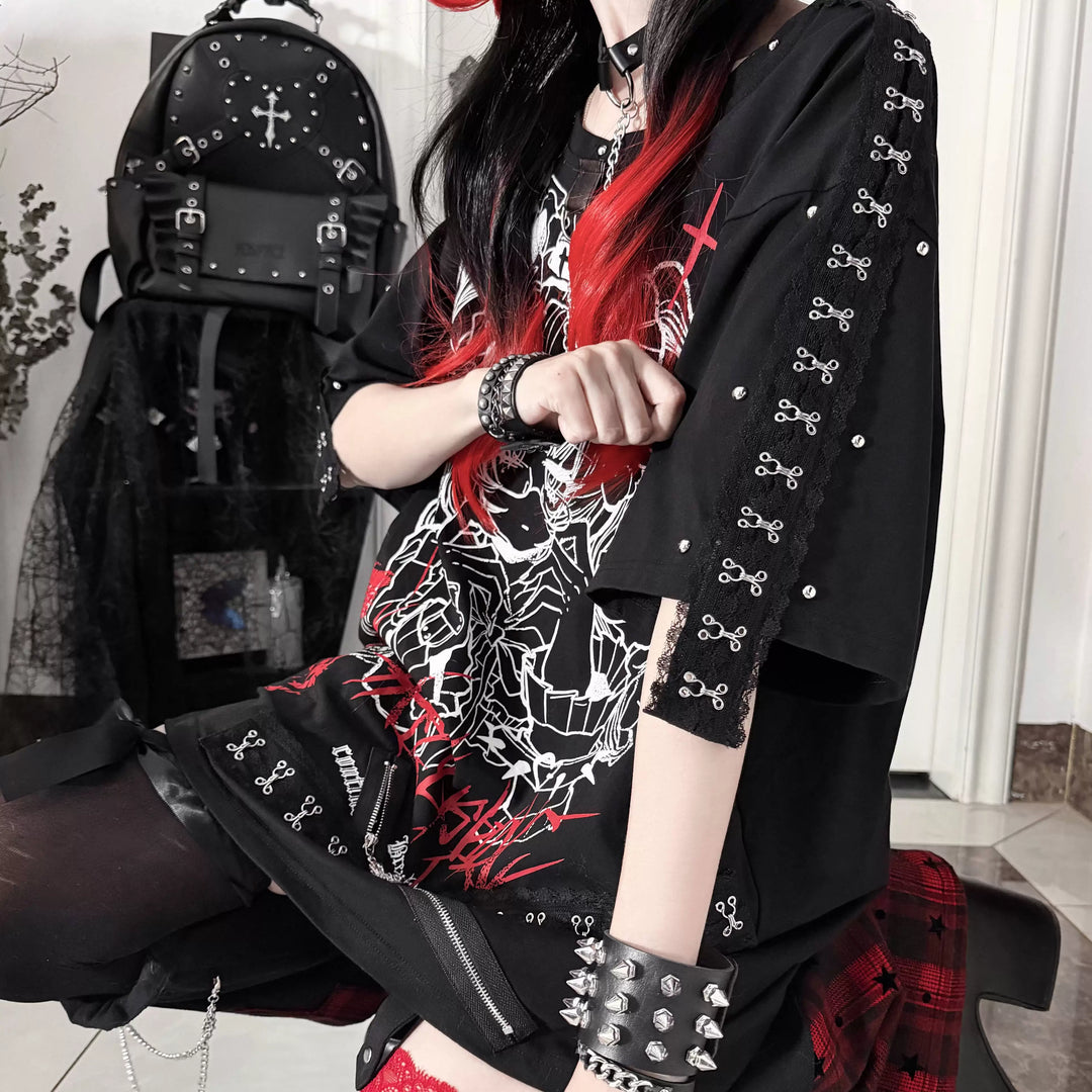 Gothic Cotton Graphic Printed T-Shirt, Detachable Choker 46061:874341