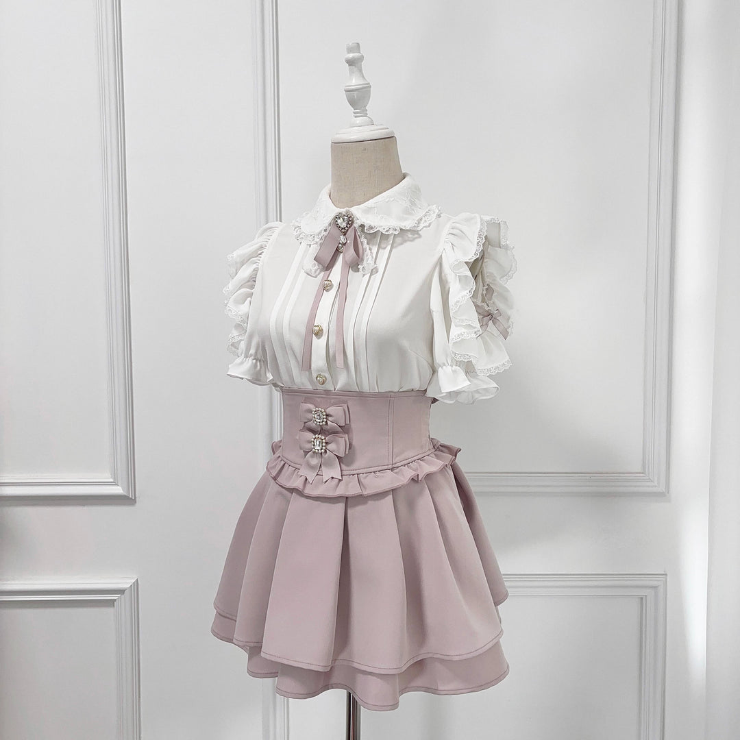 Ruffle Lace Ryousangata Blouse with Pearl Buttons And Ribbon (L M) 43103:765844