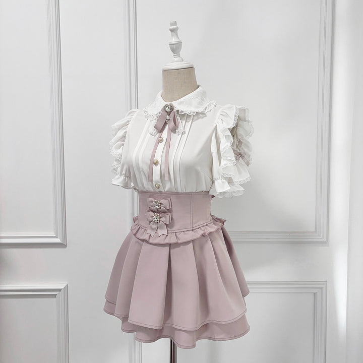 Ruffle Lace Ryousangata Blouse with Pearl Buttons And Ribbon (L M) 43103:765844