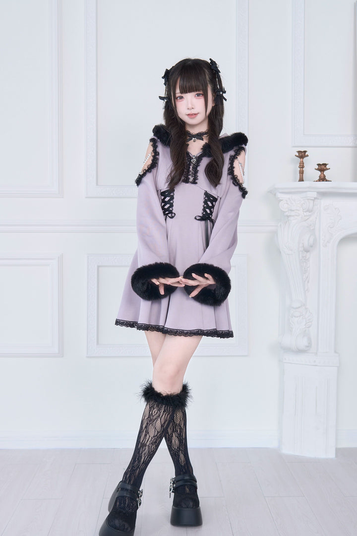 Open-Shoulder Jirai Kei Dress, Oversized Hood 43940:789806