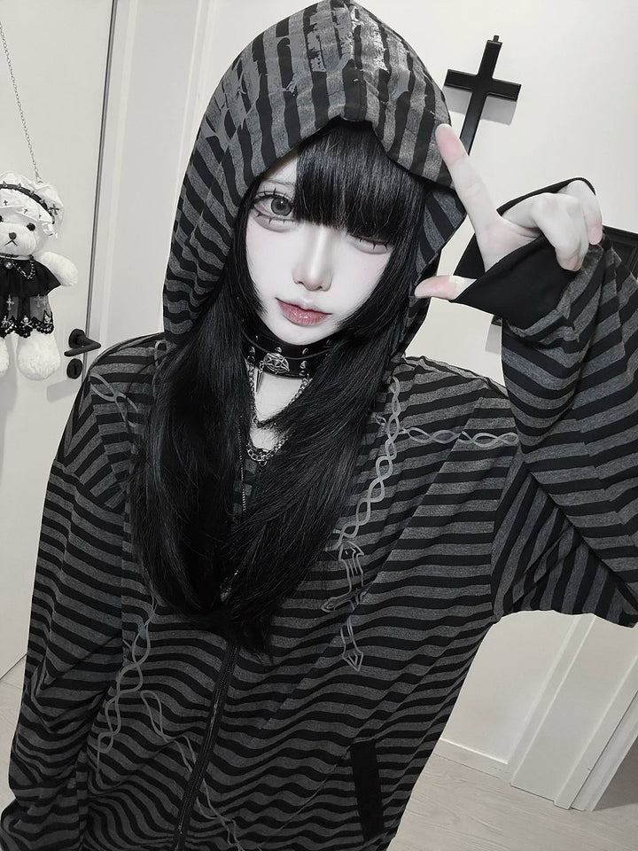 Gothic Striped Zip-Up Hoodie, Cotton for Summer 45270:844639