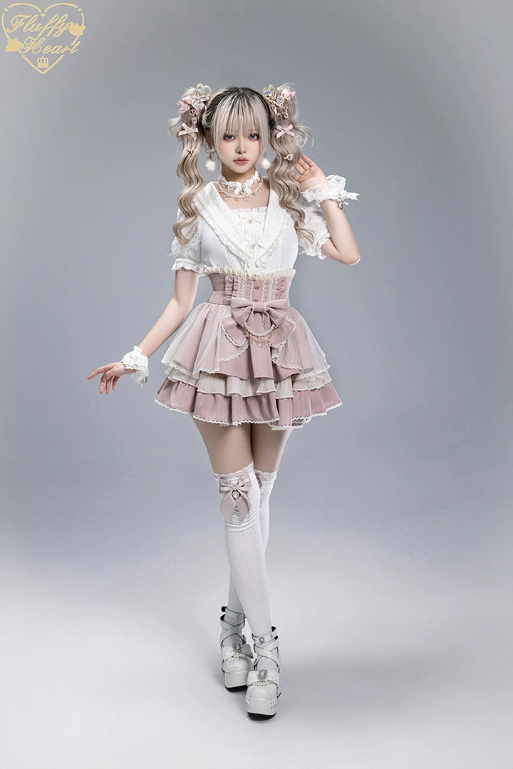 Striped High Waist Jirai Kei Skirt, Detachable Bow 43679:785984