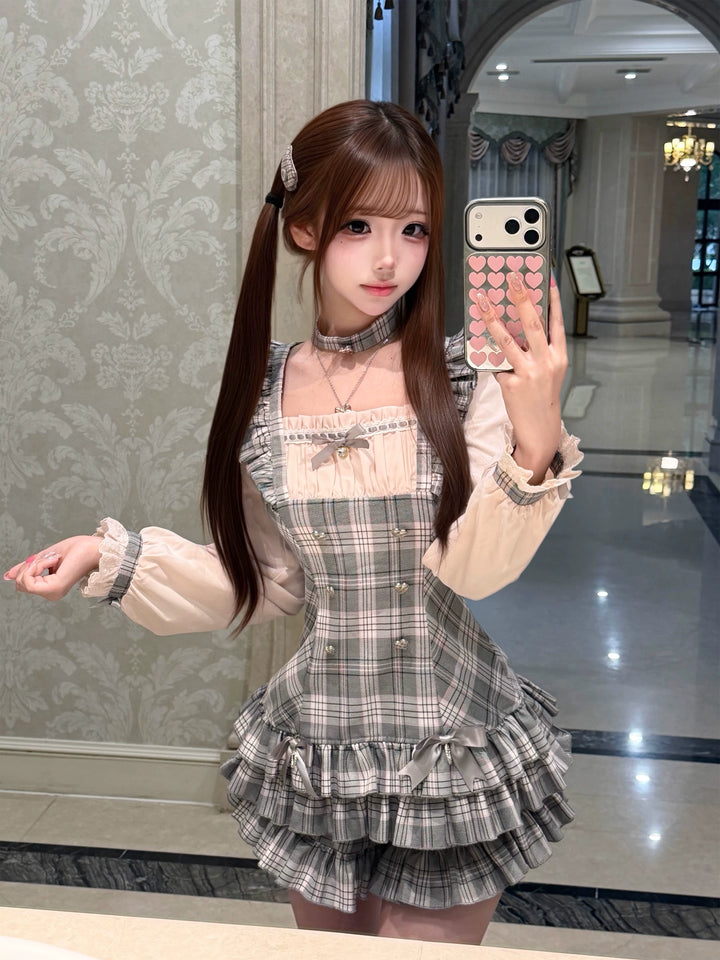 Ryousangata Pink Grey Plaid Dress Set with Choker 46077:874948