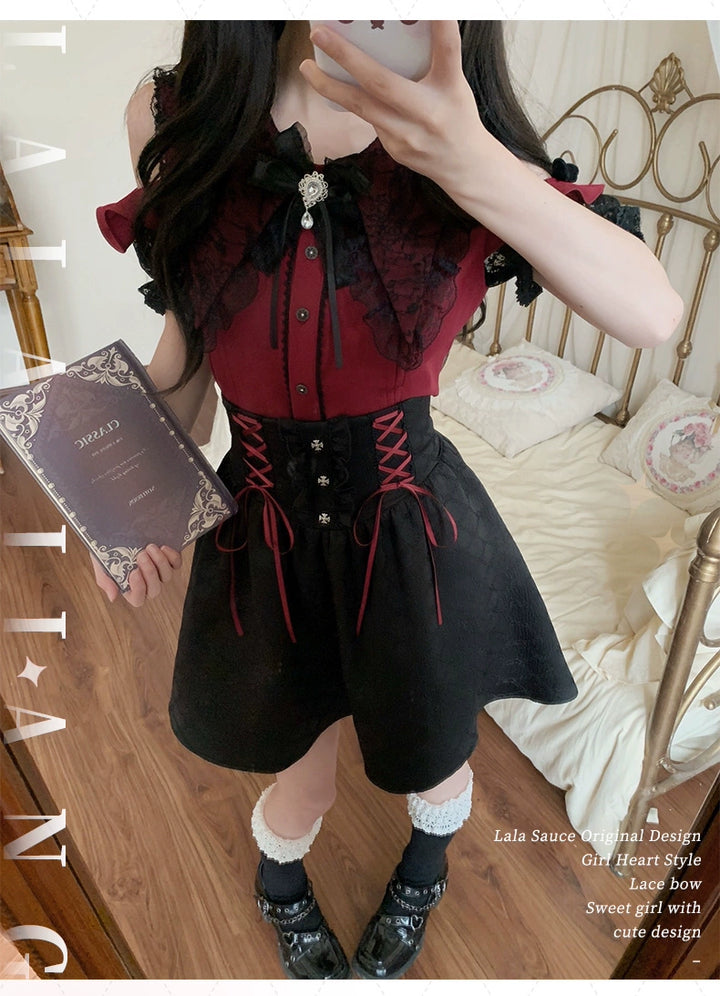 Black and Red Jirai Kei Set Up, Lace Pointed Collar 43726:783597