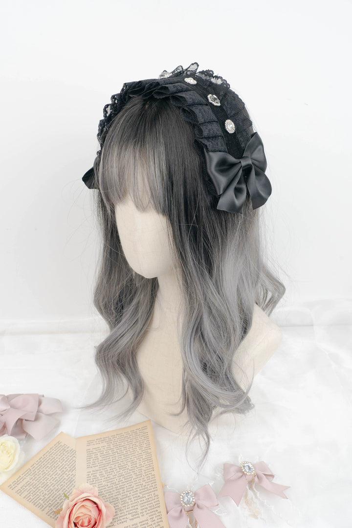 Jirai Kei Headband Lace Bow Headdress Rhinestones Hair Accessory 35650:507204 35650:507204