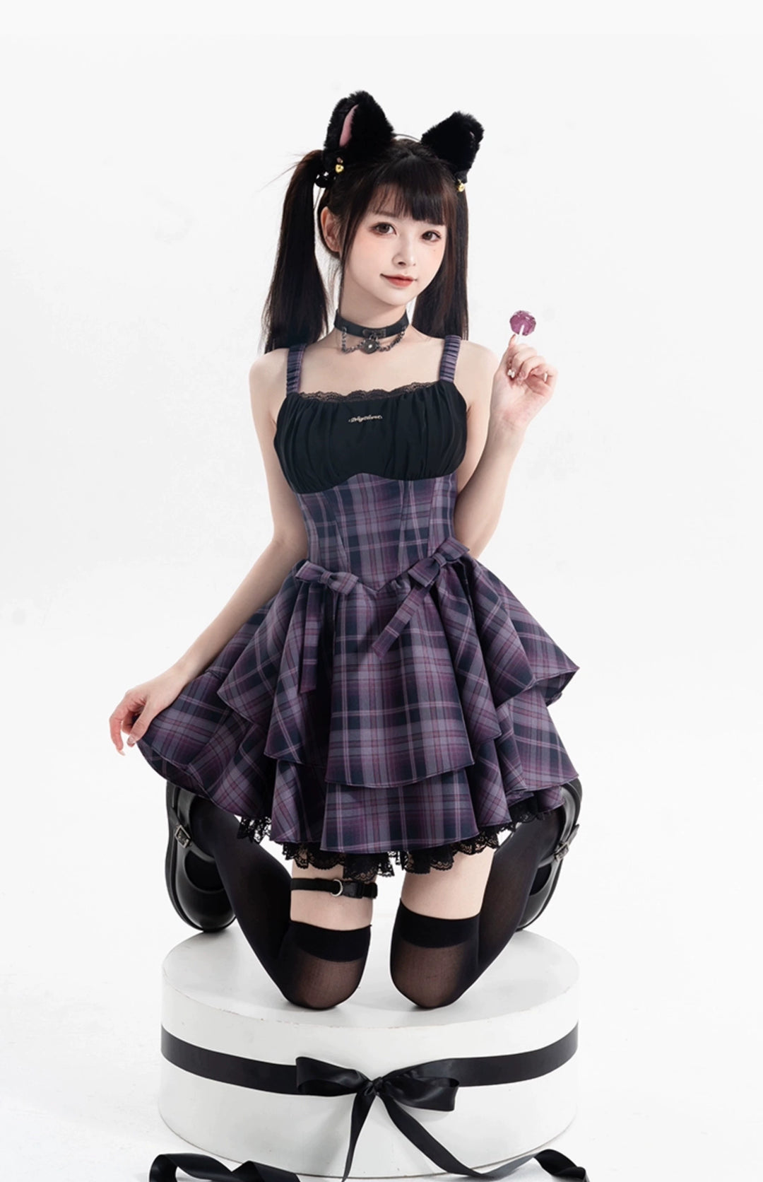 Gyaru Purple Plaid Dress With Lace Trim And Black Bolero 22508:323440