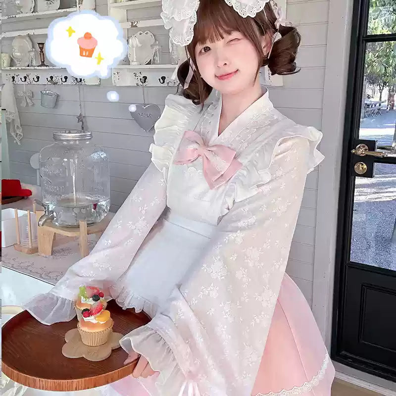 Kawaii Outfit White Maid Blouse And Pink Skirt With Apron 42283:735226