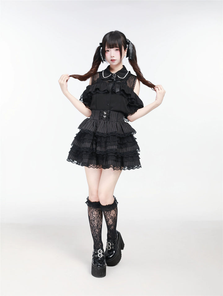 Jirai Kei Tiered Ruffles Skirt With Heart-Shaped Lace Trim 43327:773609