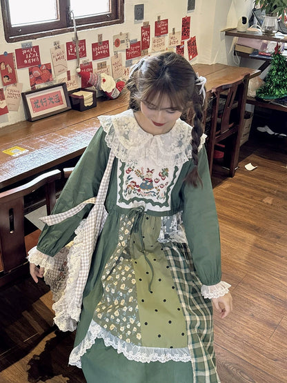 Cottagecore Dress Mori Kei Dress Green Floral Patchwork Dress 36226:525074