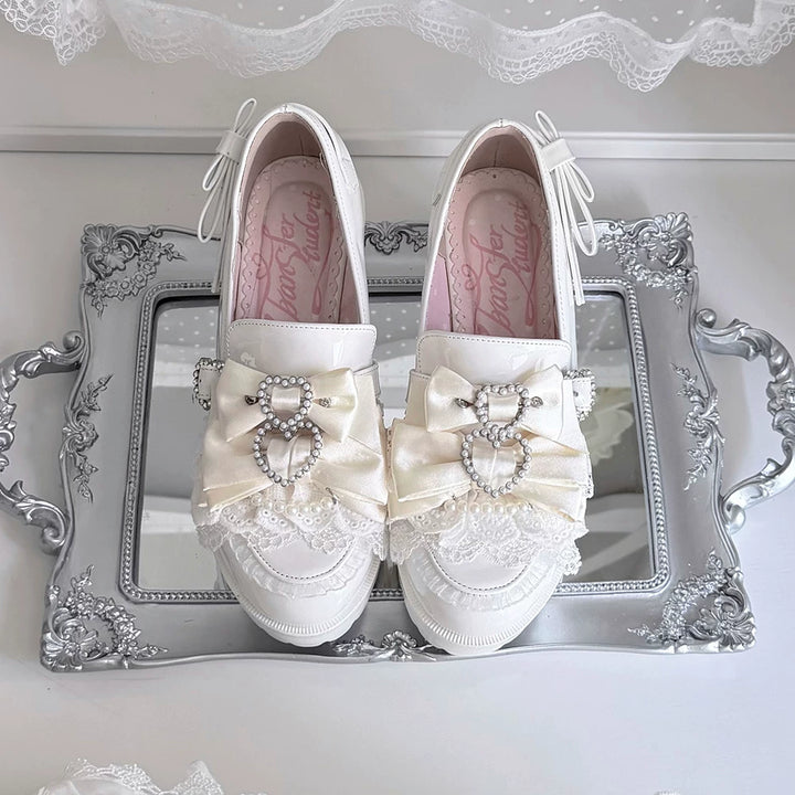 Jirai Kei Chunky Heel Slip-on Shoes, Bows and Pearls (Beige / 35 36 37 38 39 40 41 42) 45868:866974