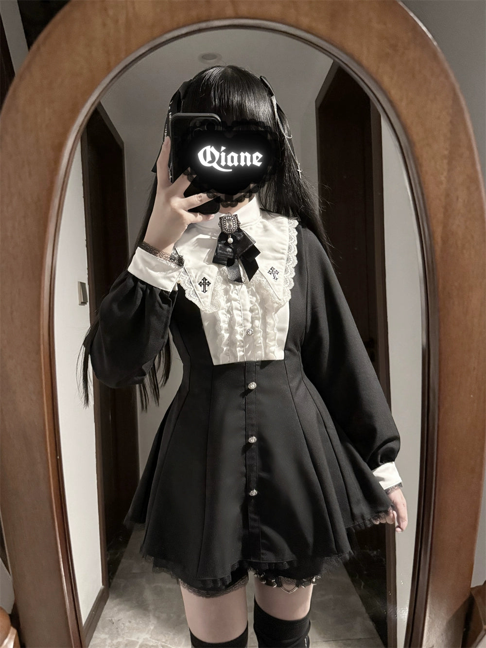 Jirai Kei Dress Set, Pointed Collar With Cross Accents 44145:797315