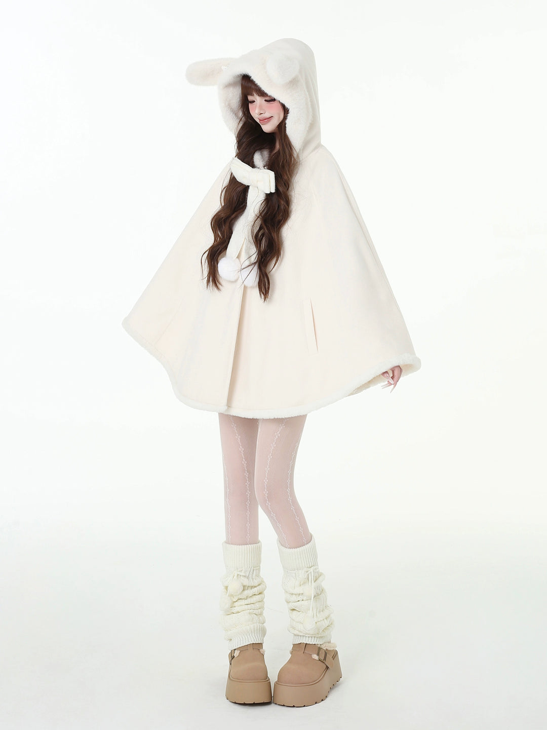 Jirai Kei Winter Coat White Bunny Ear Hooded Cape Coat 41056:684494