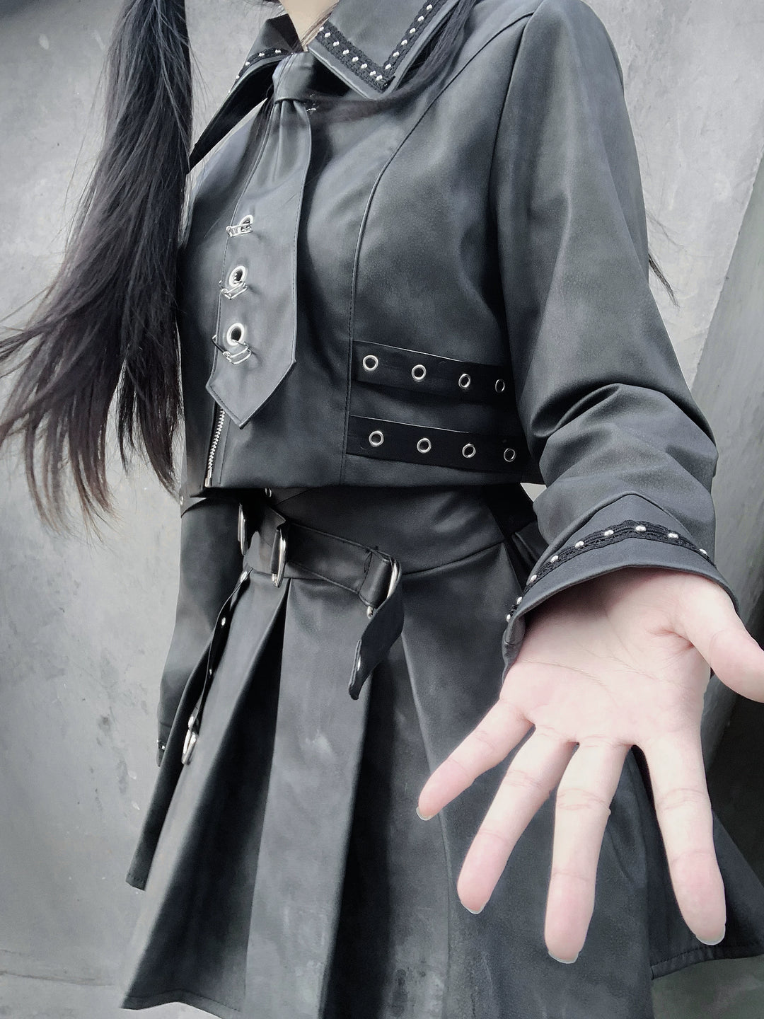 Punk Style PU Jacket, Pleated Skirt 44568:816011