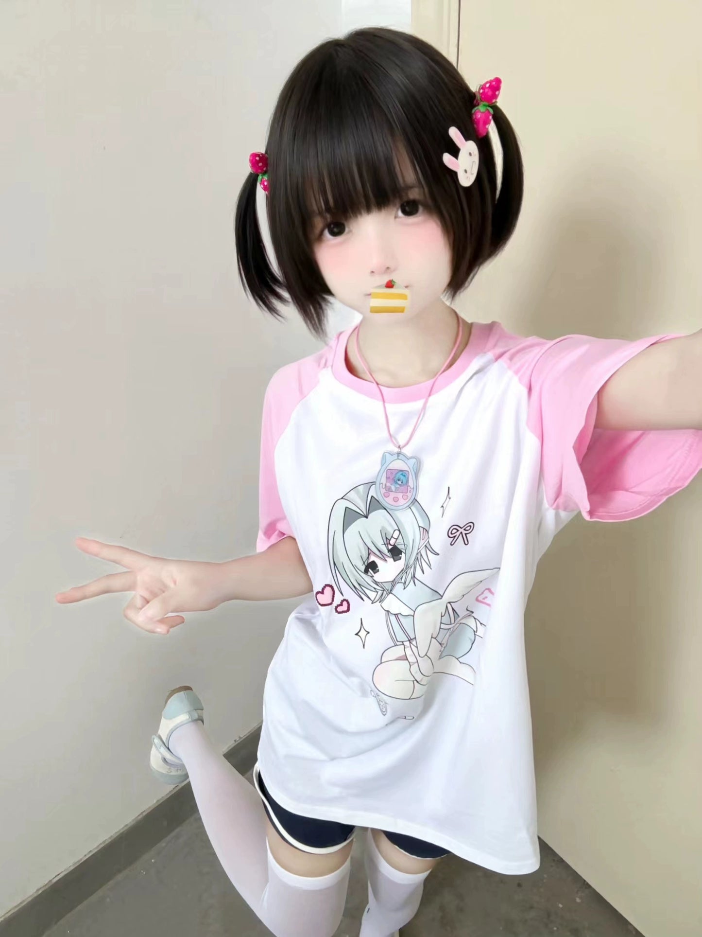 Jirai Kei Shirt Pink Raglan Sleeve Anime Top 37998:577952