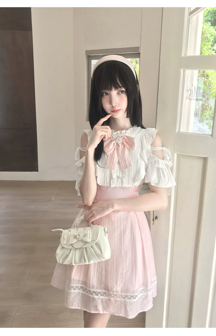 Ryousangata Lace Open Shoulder Dress, Pink & White 45751:863613