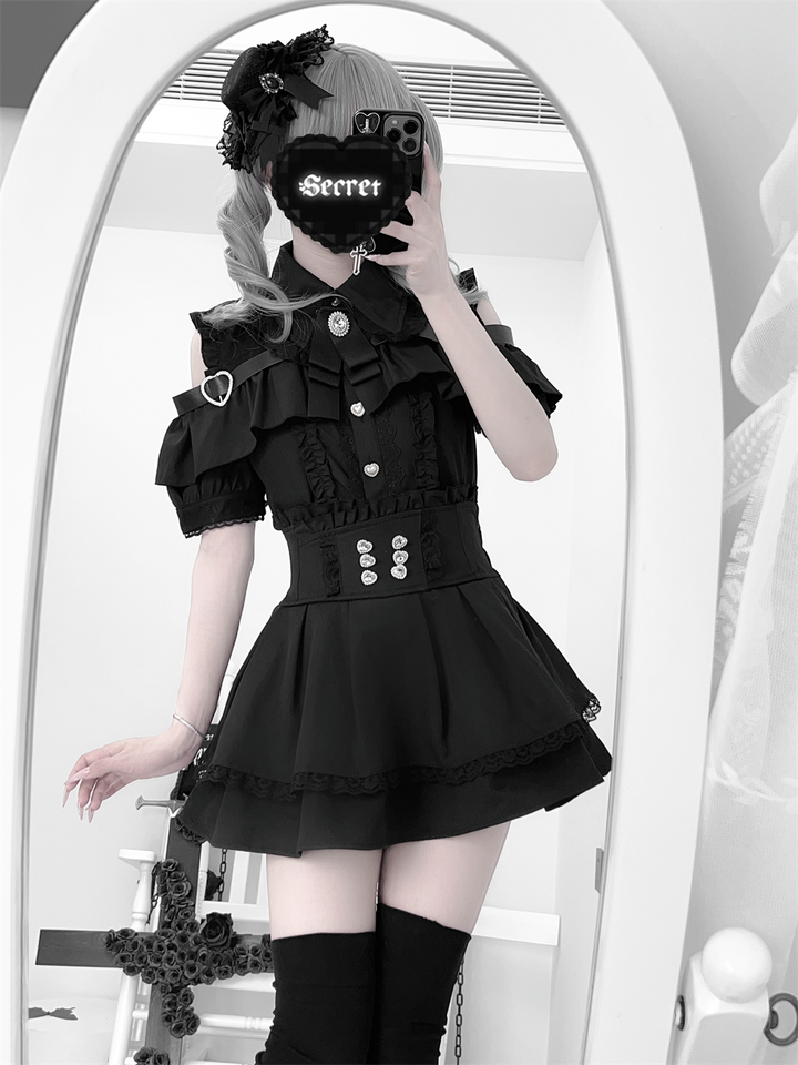 Jirai Kei High-Waist Skirt, Double Layered Lace Hem 45425:848577