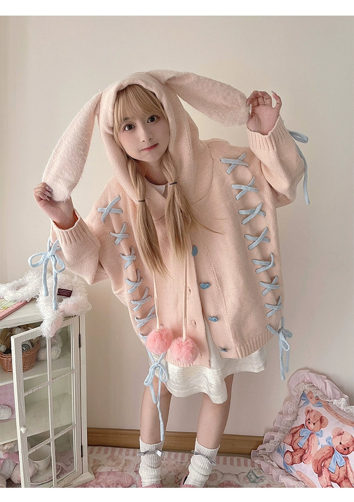 Kawaii White Pink Blue Cardigan Bunny Ears Sweater Coat 22658:345302 22658:345302