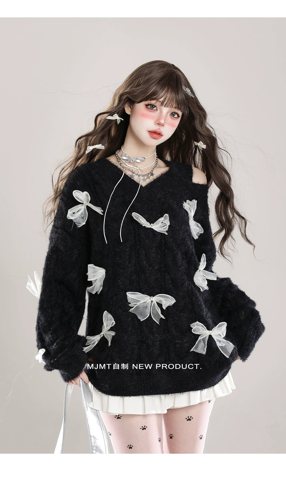 Sweet Winter Sweater, Open-Shoulder, Ribbon Bows (Black / L M S XL) 44070:795163