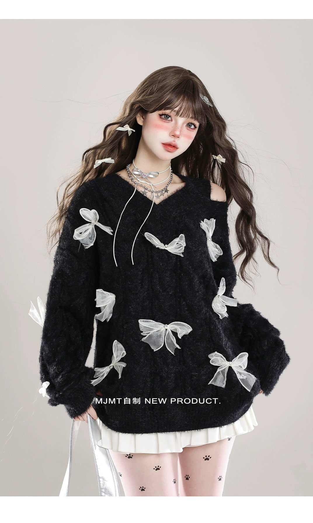 Sweet Winter Sweater, Open-Shoulder, Ribbon Bows (Black / L M S XL) 44070:795163
