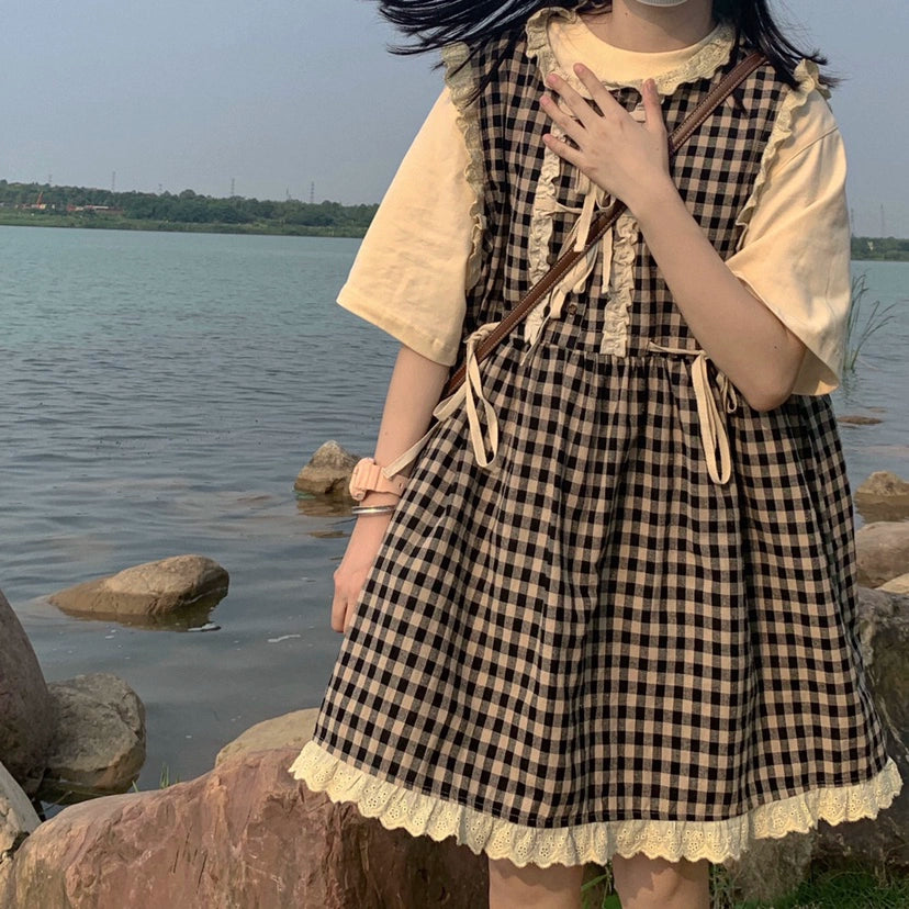 Kawaii Dress Mori Kei Dress Plaid Vest Dress Cotton Linen Dress (M S) 36450:523376