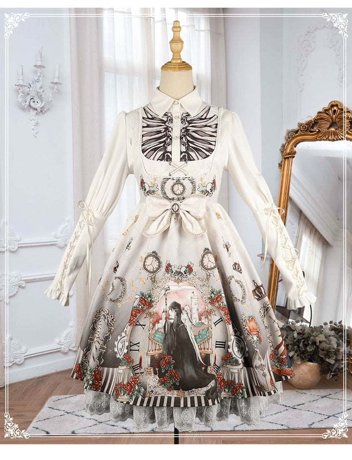 Gothic Lolita Dress Set Black White Lolita Blouse Dress Set 35536:495618