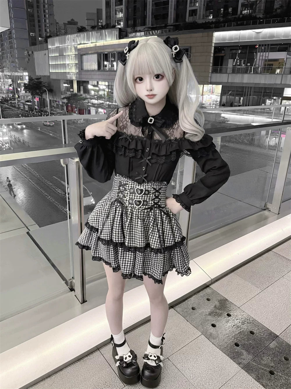 Black Jirai Kei Blouse, Lace Shoulder Design 44679:818778