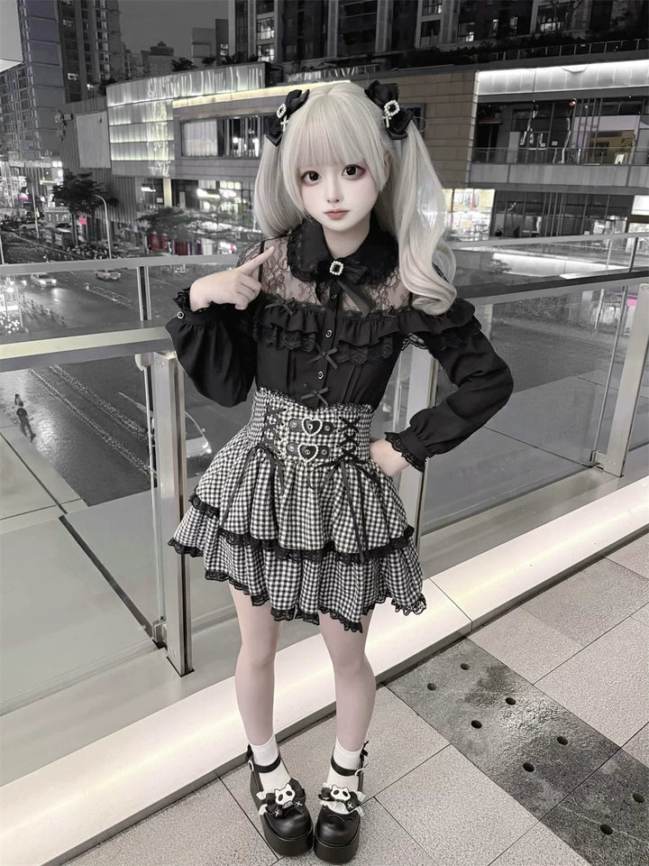 Black Jirai Kei Blouse, Lace Shoulder Design 44679:818778