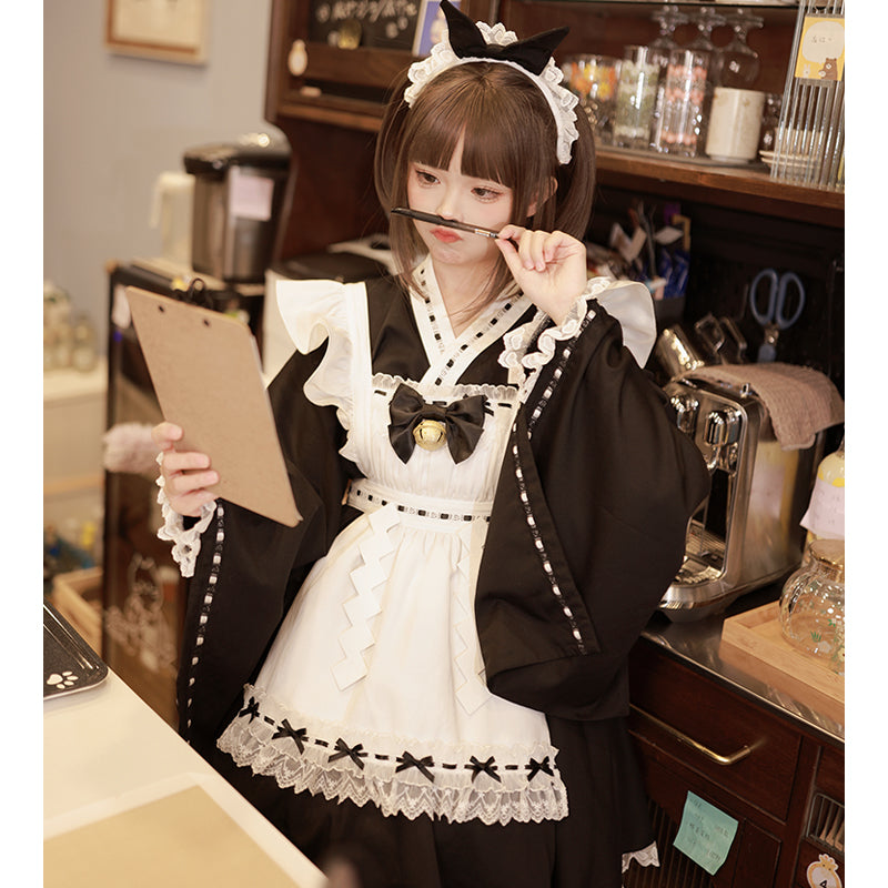 Kawaii Black Maid Blouse Flutter Sleeve Apron Suspender Skirt Set 42282:734780