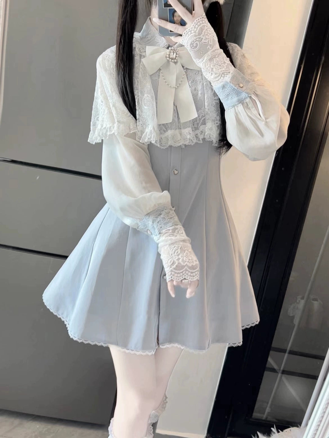 Jirai Kei Dress Lace Cape Dress Chiffon Long-sleeved Dress 39730:634444