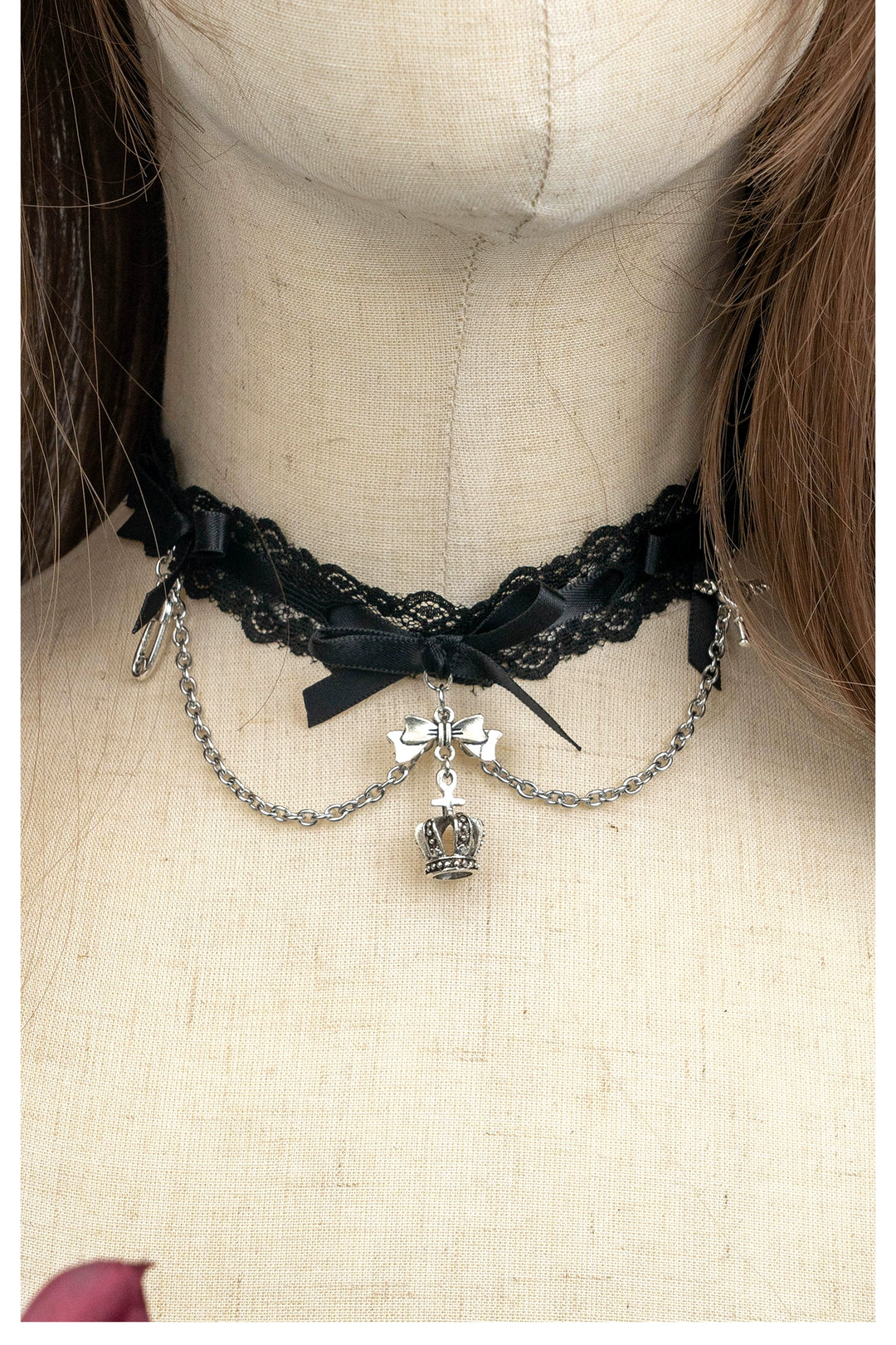 Jirai Kei Black Pink Choker Lace Beaded Chain 21552:308822 21552:308822