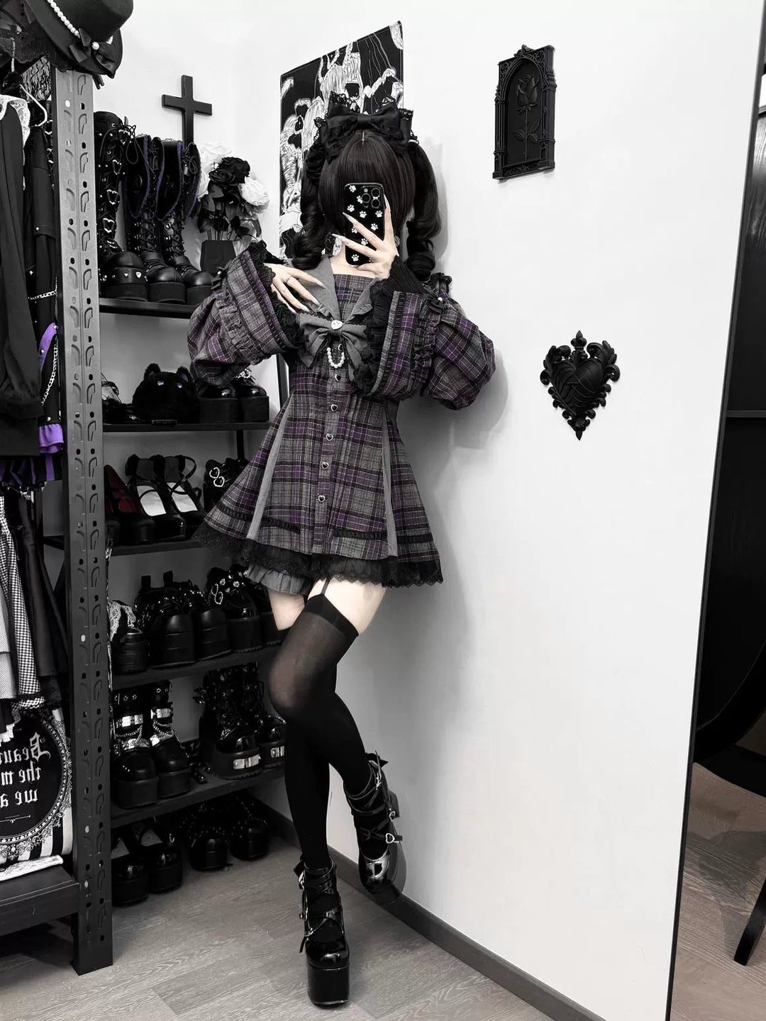 Plaid Jirai Kei Dress Set, Shorts with Side Pockets 44330:805049