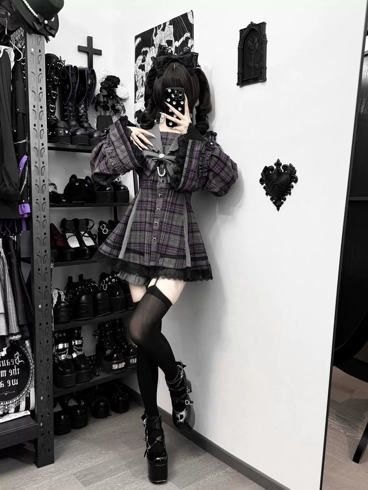 Plaid Jirai Kei Dress Set, Shorts with Side Pockets 44330:805049