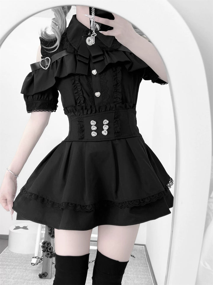 Black Jirai Kei Skirt High Waistband With Rhinestones 43246:771050