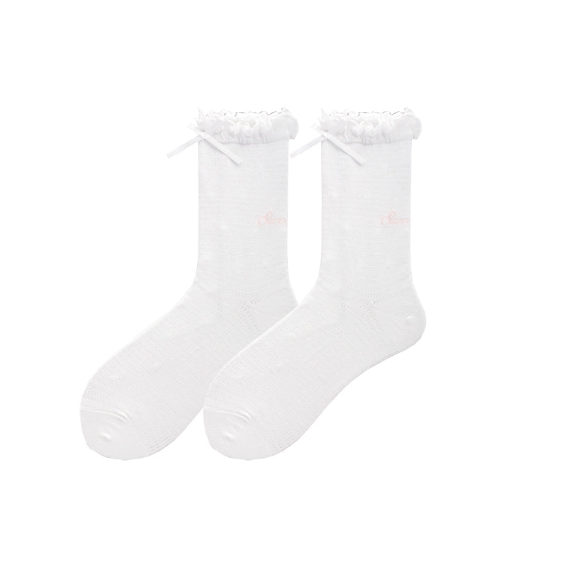 Lolita Socks Double Ruffle Trim Socks Bow Mid-Calf Socks 36566:610096