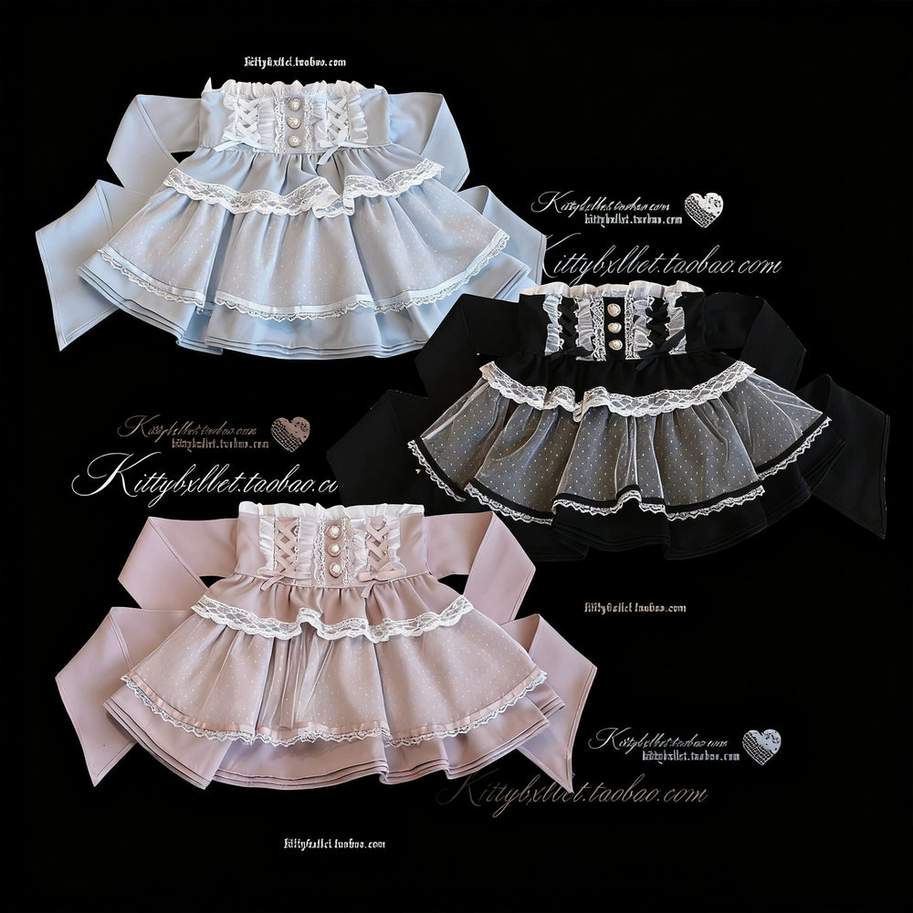 High-waist Rousangata Skirt, Sheer Dot Veil Hem (Black Blue Pink) 43693:790679