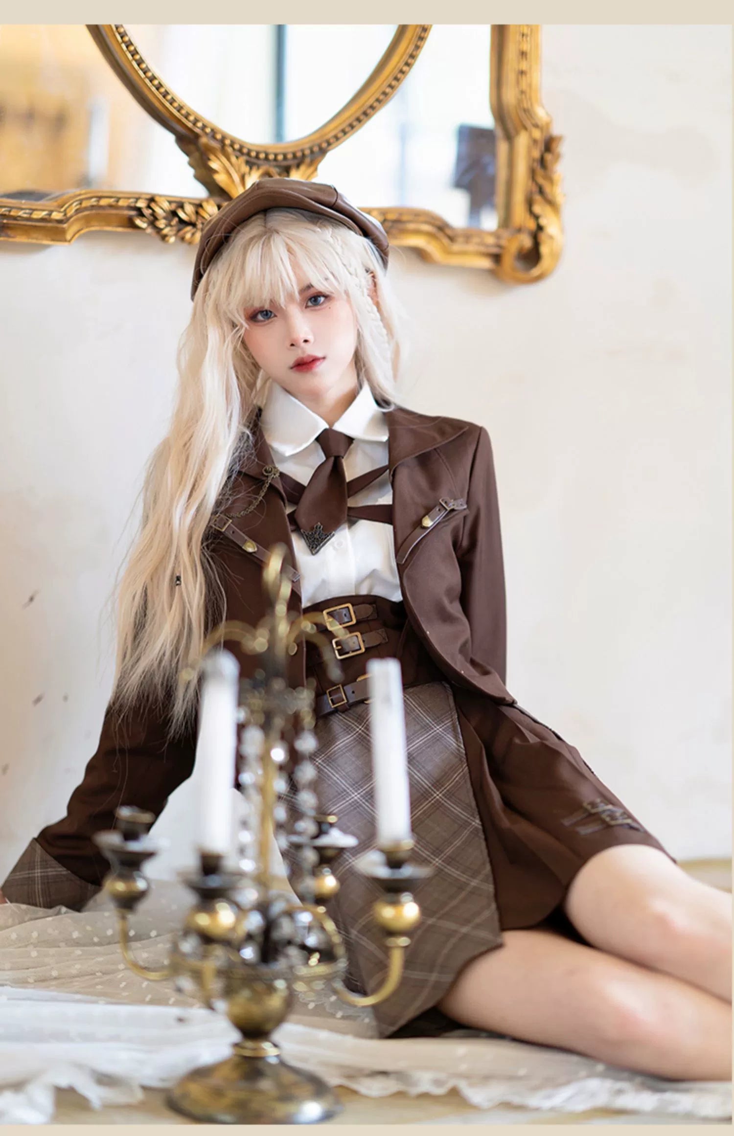 Preppy Style Brown Jacket Blouse Skirt Set 29528:350402