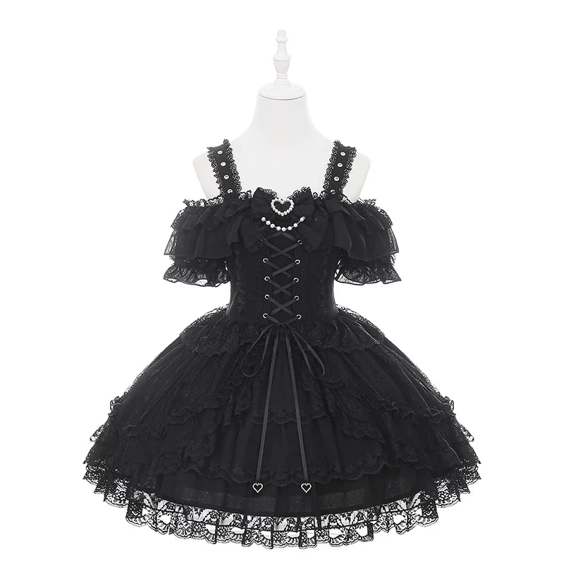 Black Jirai Kei Open Shoulder Dress, Rhinestone Strap (L M S) 44950:832340