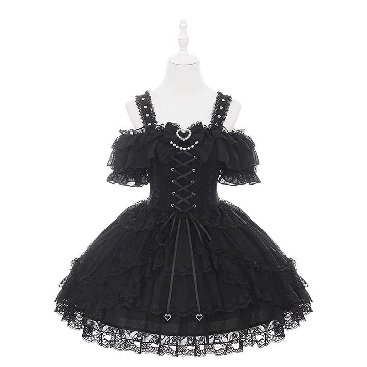 Black Jirai Kei Open Shoulder Dress, Rhinestone Strap (L M S) 44950:832340