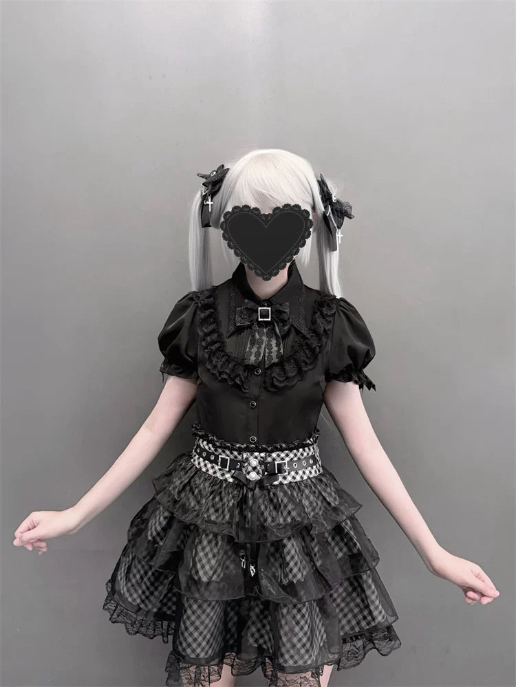 Jirai Kei Black Blouse and Plaid Skirt Set, Tulle Overlay 45572:855475