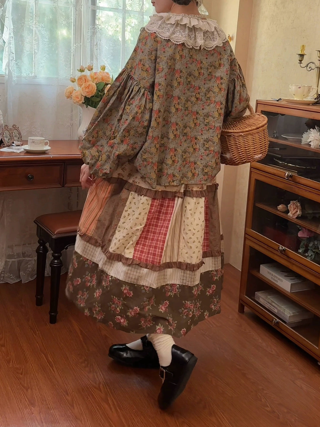 Mori Kei Skirt Retro Plaid Patchwork Floral Long Skirt 41800:713990