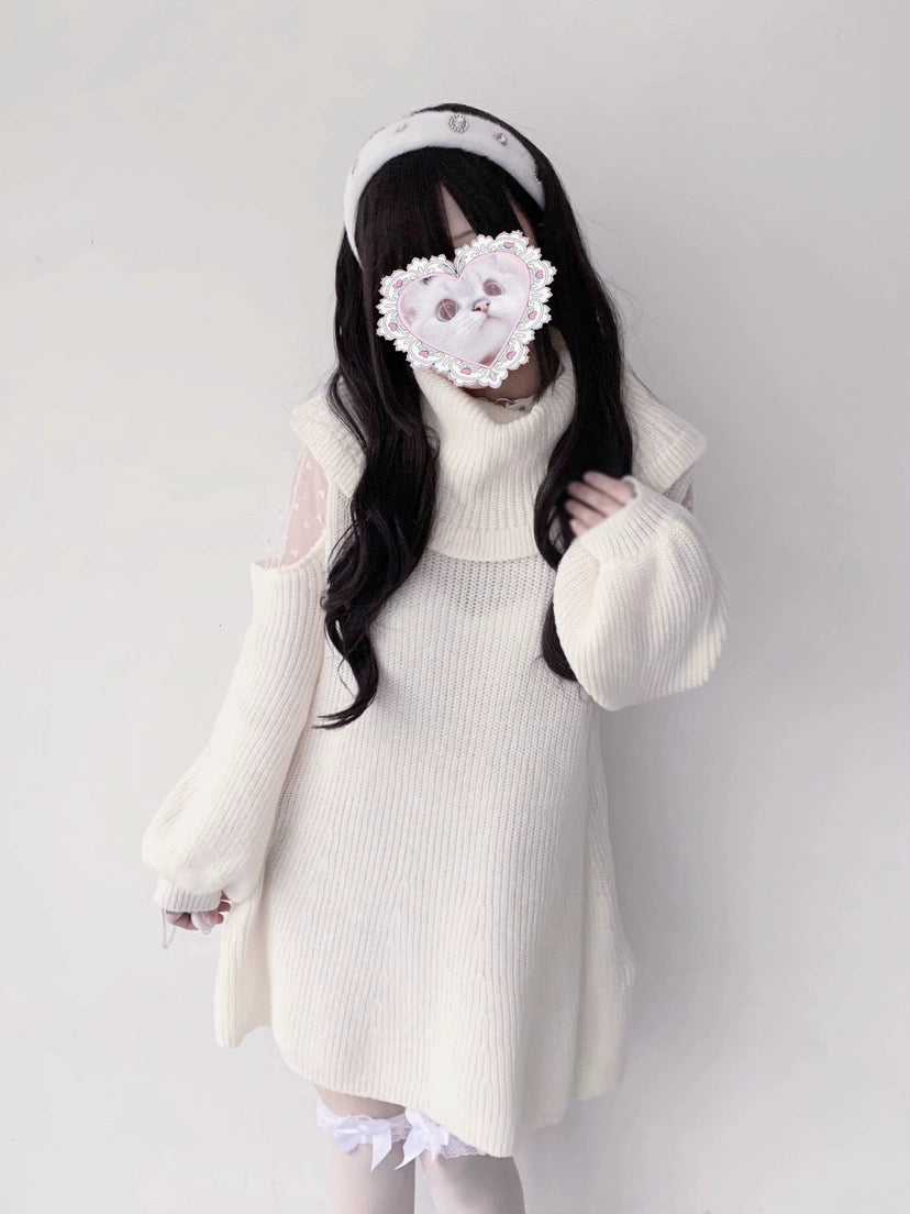 Jirai Kei White Sweater Dress Off-Shoulder Lace Dress 31844:372108